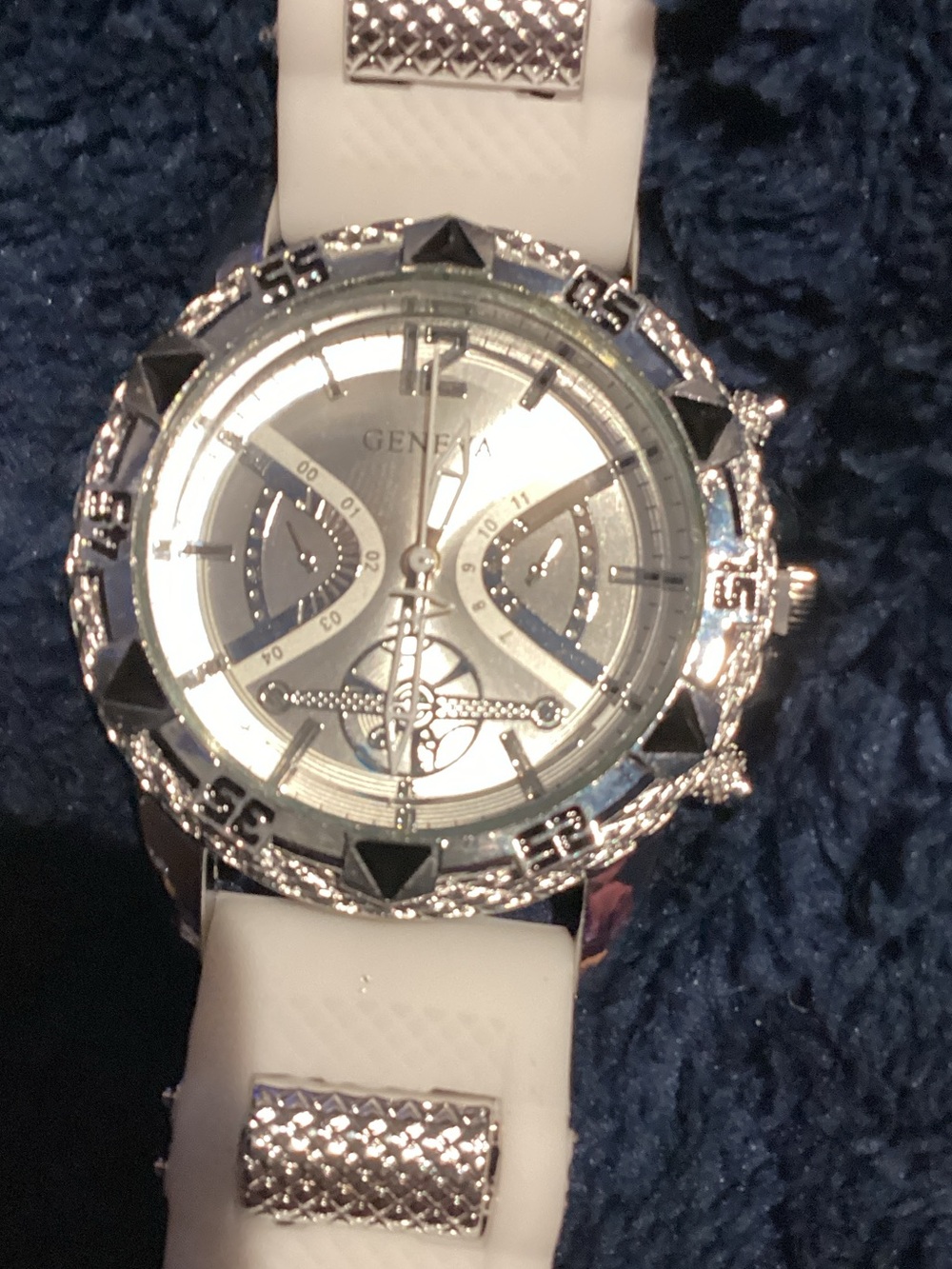 Geneva Silver-Tone Dial Watch with White Silicone Strap